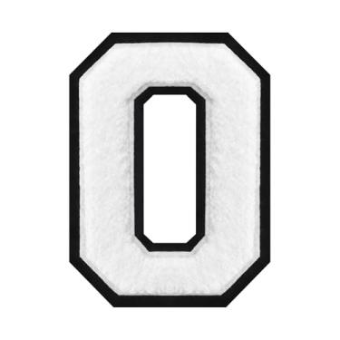 Imagem de Patch de chenille branco número 0 de 15 cm com borda preta, ferro ou costurado para uniformes esportivos, moletons com capuz, mochilas, contraste ousado e à prova de desbotamento (0)