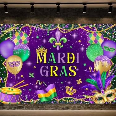 Imagem de Cenário de carnaval de 1,8 x 1,5 m, decoração de festa de carnaval, fundo fotográfico, dourado, roxo, máscara, tema de baile de máscaras, banner, cabines de decoração, suprimentos
