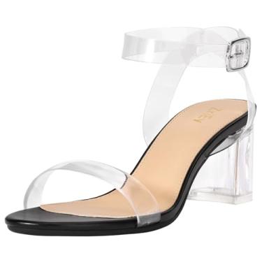 Imagem de ZriEy Sandálias femininas de salto grosso com tiras de salto grosso, bico aberto de 5 cm, tira no tornozelo, ajustável, para casamentos, festas, uso diário, Preto transparente, 37