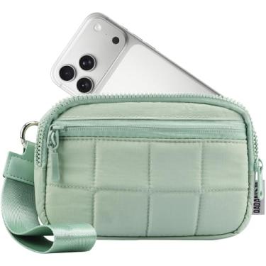 Imagem de Dadanism Carteiras femininas com bloqueio de RFID, porta-cartão de crédito acolchoado de nylon com alça de pulso removível e 3 bolsos com zíper, bolsa organizadora de cartões para viagem, verde