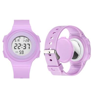 Imagem de Relógio digital compatível com AirTag Tracker, suporte oculto de silicone para relógio com cronômetro, antiperda para crianças, bebês e idosos (roxo)