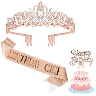 Imagem de Semato Kit de coroa e faixa de aniversário, decorações de aniversário para mulheres, tiara de princesa, suprimentos e lembrancinhas de festa (menina)