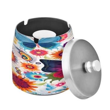 Imagem de Blueangle Cinzeiro de borboletas coloridas com tampa para cigarros, à prova de vento/chuva, aço inoxidável, sem fumaça, inodoro, cinzeiro para uso interno ou externo (460)