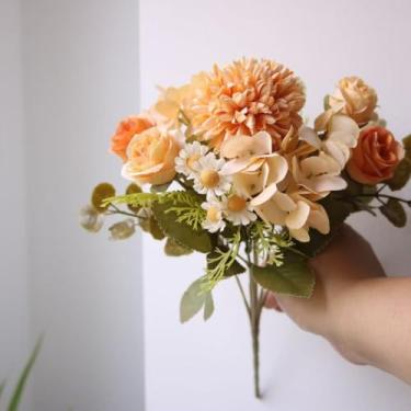 Imagem de Buquê Misto de Flores Artificiais – Rosa, Crisântemo, Margarida e Hortênsia | Decoração para Casamento, Arranjos e Ambientes – 30cm(Laranja)