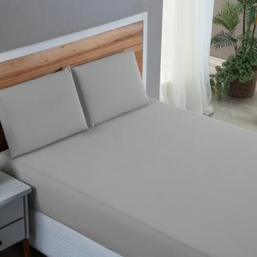Imagem de Jogo de Cama Queen Size 200 Fios 100% Algodão 03 Peças Cama Box 30cm Altura Tecido Macio Qualidade (CINZA)