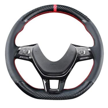 Imagem de Kivnto Capa de volante de fibra de carbono com costura DIY para Volkswagen VW Arteon Atlas Jetta Passat e-Golf Sportwagen Alltrack Ti-guan 2015 + acessórios internos de couro preto 38 cm