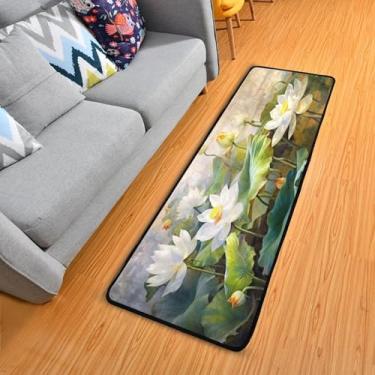 Imagem de WELLDAY Tapete de corredor de lótus branco aquarela, tapete de corredor de 5 x 15 cm, antiderrapante, lavável, tapete de cozinha para quarto, entrada, lavanderia, sala de estar