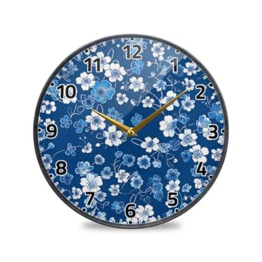 Imagem de WELLDAY Relógio de parede sem tique-taque 25,4 cm - flores pequenas azul operado por bateria quartzo silencioso relógio redondo para casa/escritório/cozinha/sala de aula