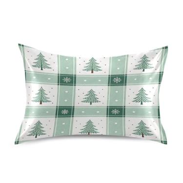 Imagem de Wassud Árvore de Natal xadrez verde cetim fronha para cabelo e pele fronhas de seda lisa queen size capas de travesseiro respiráveis com fecho de envelope