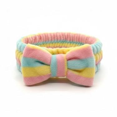 Imagem de Faixa Tiara Para Maquiagem Skin Care Tiara Para Cabelo com Laço Lavar o Rosto (Rosa/Azul/Amarelo, Listrado)