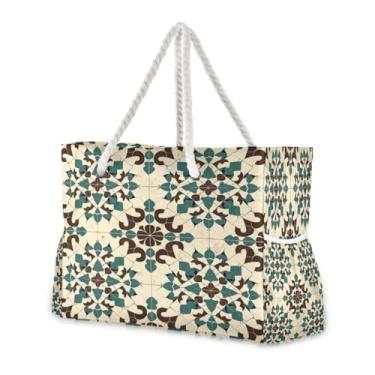 Imagem de Wassud Bolsa de praia grande com estampa de azulejos para mulheres, impermeável, à prova de areia, bolsa de viagem com zíper e bolso para piscina, academia, acampamento