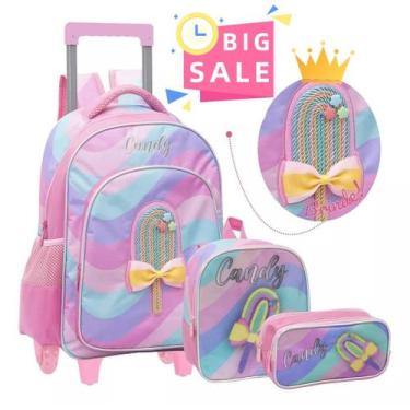 Imagem de Kit Mochila Rodinha Infantis Meninas Picolé Candy Com Lancheira Térmic