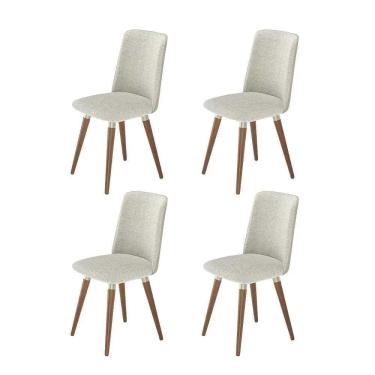 Imagem de Kit de 4 Cadeiras de Madeira Maciça Estofada Dakota - Natural c/ Bouclé Cru e PU Off White - Champanhe