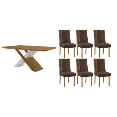 Imagem de Sala Jantar Mesa Imperatriz Tampo Curvo 180cm+6 Cadeiras Tilia Madeira Naturale/Off White - Capuccino/Suede Marrom - Rufato