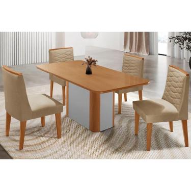 Imagem de Sala Jantar Mesa Pietá Tampo Curvo 120cm+4 Cadeiras Maldivas Madeira Naturale/Off White - Capuccino/Linho Bege - Rufato