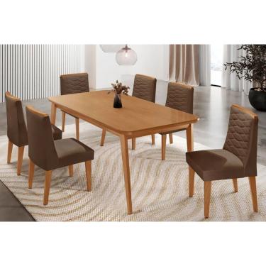 Imagem de Sala Jantar Mesa Havana Tampo Curvo 180cm+6 Cadeiras Maldivas Madeira Naturale - Capuccino/Suede Marrom - Rufato