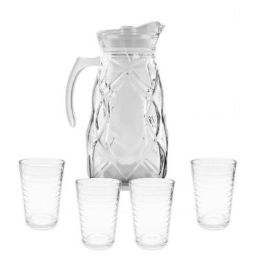 Imagem de Jarra De Vidro Grossa Resistente Ocean Com 4 Copos Verão Água Suco 180
