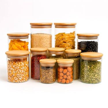 Imagem de Kit 11 potes de vidro herméticos com tampa de bambu - Tud