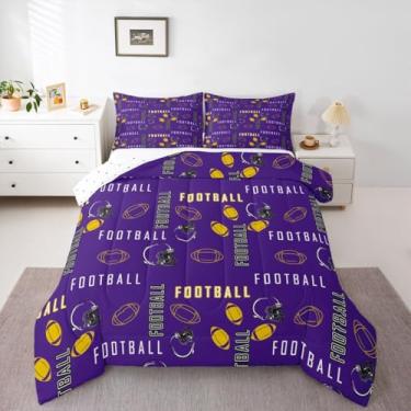 Imagem de jejeloiu Conjunto de cama de futebol americano, tamanho solteiro, Minnesota, para decoração de quarto de meninos e meninas, adolescentes, roxo, amarelo, respirável, microfibra leve