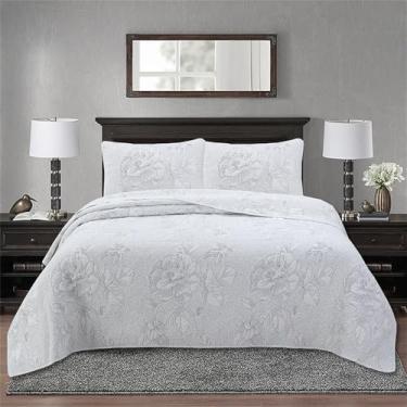 Imagem de Conjunto de cama de algodão com colcha acolchoada, fronha e cobertor tamanho king (3 peças), ideal para cama de casal ou queen. Disponível nas cores branca.