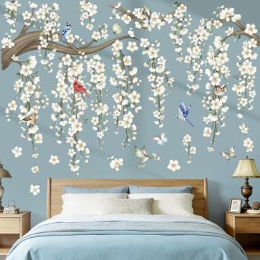 Imagem de wondever Adesivos de parede de videira de flores grandes pendurados brancos ramo de árvore de cerejeira descascar e colar decalques de arte de parede para sala de estar quarto sofá fundo