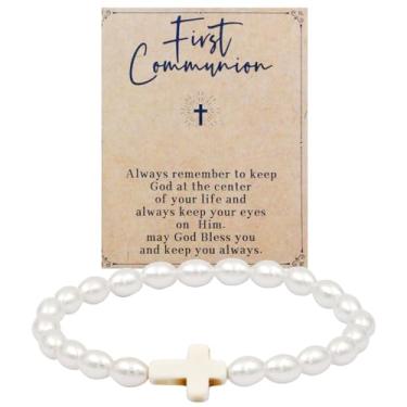 Imagem de Meztole Joias de comunhão para mulheres – Pulseira de cruz de pérolas, primeira comunhão, batismo, joia de confirmação, pulseira cristã católica para filha, neta, sobrinha, Adjustable, Liga de aço