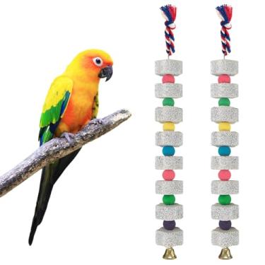 Imagem de Diakey Pacote com 2 brinquedos para mastigar papagaio, bico de pássaro, pedra de cálcio com sino, acessórios de gaiola de bloco mineral de lava para periquito, arara, cacatua, rato, calopsita, longo