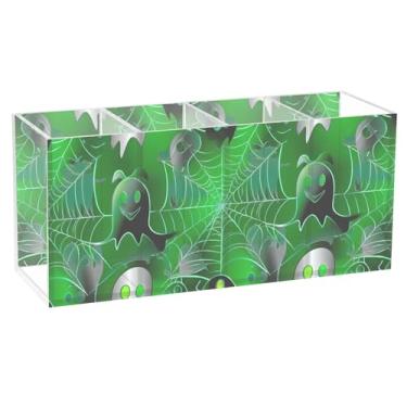 Imagem de TSENQUE Porta-lápis de mesa, teias fofas, teias de fantasmas, copo de acrílico verde para canetas, suporte de marcador, personalizado, decoração de mesa, acessórios de escritório