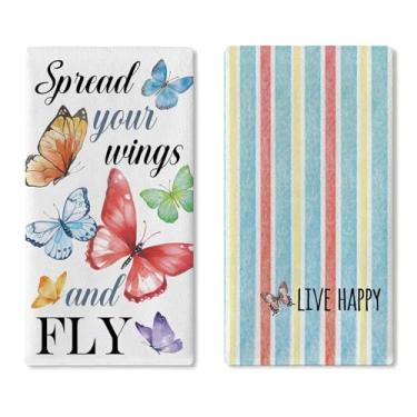 Imagem de Croar Conjunto de 2 panos de prato de cozinha de borboleta, toalha de mão inspiradora para espalhar suas asas e secar moscas, pano de cozimento, positivo, vivo, feliz, listrado, banheiro, decoração de
