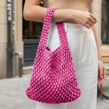 Imagem de Bolsa balde de malha para mulheres, bolsa de mão de crochê de corda de algodão, bolsa de praia para uso diário e passeios, Vermelho rosa