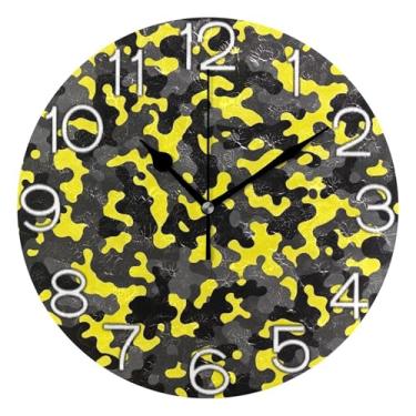 Imagem de GAIGEO Relógio de parede analógico decorativo escritório cozinha relógio operado a bateria, sala de estar moderna decoração de parede camuflagem abstrata preto amarelo, 25 cm, ponteiros pretos