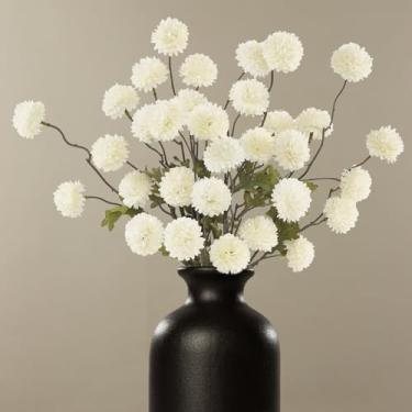 Imagem de DuHouse 6 peças de flores artificiais de seda sintética, flor kiku artificial branca para buquês de casamento faça você mesmo, centro de mesa, decoração de cozinha (branco marfim)