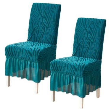Imagem de Pacote com 2 capas de cadeira elásticas para sala de jantar, tecido jacquard listrado, capa protetora removível e lavável com saia de babados para cozinha, banquete, decoração de casamento, azul pavão