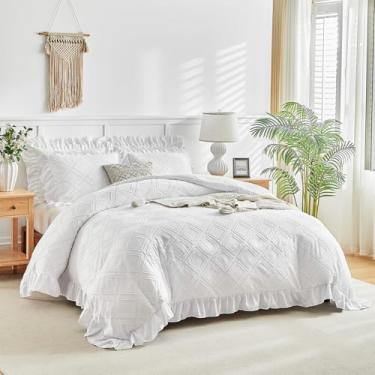 Imagem de Flysheep Conjunto de capa de edredom com babados tufados, tamanho solteiro, 3 peças de capa de edredom vintage estilo fazenda chique com fecho de zíper, conjunto de cama boêmio boêmio jacquard luxuoso