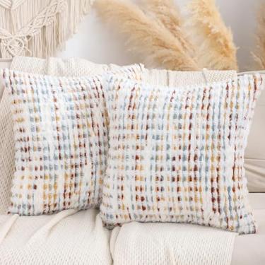 Imagem de LUOYEHK Boho Capas de almofada 45,7 x 45,7 cm, conjunto de 2 fronhas com tufos de chenille, capas de almofada neutra para sofá, cama, sala de estar, laranja, branco