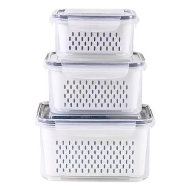 Imagem de Kit 3 Potes Organizadores de Geladeira com Cesto Removível 850ml, 1750ml e 3300ml, Tampa Firme, Empilháveis, Ideal para Frutas, Legumes e Verduras, Organização e Conservação de Alimentos PREMIUM