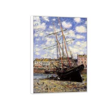 Imagem de BMZFYBS Claude Monet Famosa impressão em tela de parede pronta para pendurar - barco deitado na maré baixa - quadro branco para decoração de sala de estar 40 x 55 cm 16 x 22 pol