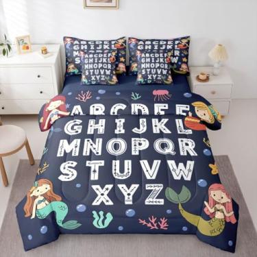 Imagem de Feelyou Conjunto de edredom infantil alfabeto ABC Learning solteiro com lençol para crianças, meninos, meninas, sereia fofa, 7 peças, cama educacional para berçário, decoração de quarto de vida