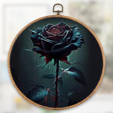 Imagem de XFN Dark Moody Black Rose Wall Art Decor, Dark Academia Black Rose Impressões de arte abstratas, arte de parede redonda botânica gótica para decoração de sala de estar quarto banheiro 25 x 25