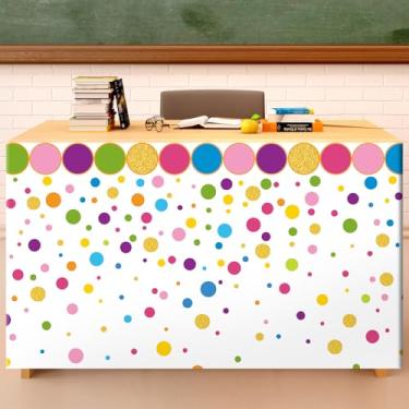 Imagem de Saia de mesa branca de bolinhas de 1,8 m para professores, para sala de aula, decoração de volta às aulas, toalhas de mesa para o primeiro dia de aula, material escolar, estante de escritório