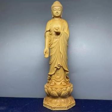 Imagem de FENNYYAR Escultura de madeira Estátua de Buda Tathagata, 21 cm, estátuas de Feng Shui de escritório doméstico budista