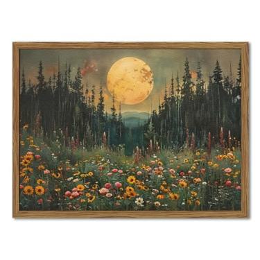 Imagem de Arte de parede vintage floresta lua, pinturas de decoração de parede de floresta de pinheiro, paisagem de casa de campo escuro, 3D, texturizada, arenito desenhado à mão, arte para quarto, sala de