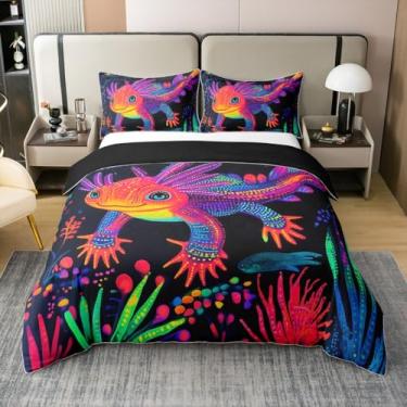 Imagem de Erosebridal Axolotl colorido 100% algodão capa de edredom tamanho solteiro, arco-íris ombré, vida marinha, para crianças, meninos e meninas, jogo de cama macio com animais salamandra, axolote