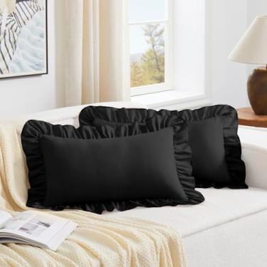 Imagem de KKJIAF Conjunto de 2 capas de almofada lombar pretas 30,5 x 50,8 cm, fronhas de microfibra com babados, capas de travesseiro de ombro para sofá-cama sala de estar