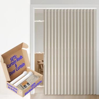 Imagem de AJAZZ Cortinas de porta sanfonadas 100% blackout para portas de janela, cortinas magnéticas para quarto, conjuntos de cortinas de entrada (1 pacote, 184 L x 78 C, branco creme + varão)