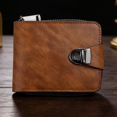 Imagem de Carteira masculina de couro curta com zíper, carteira diária cinza-acastanhada neutra (cinza-acinzentado)