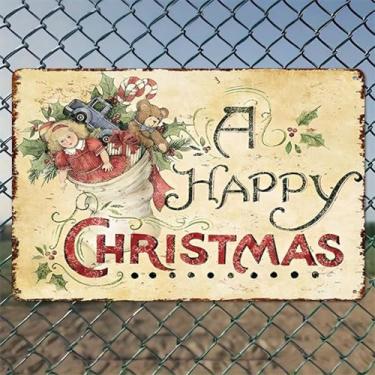 Imagem de Brinquedos de meia Happy Christmas, decorações de Natal, arte de parede de alumínio rústico e placa de metal - 20 x 30 cm, decoração vintage interna e externa para casa, escritório, café, quintal e