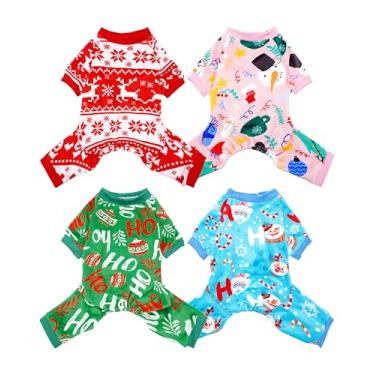 Imagem de PET SHOW Pacote com 4 pijamas de Natal para cães pequenos, roupas de Natal para cães médios, meninas, meninos, macacão elástico de Natal, macacão de cachorro, gatos, macacão vermelho e verde com manga