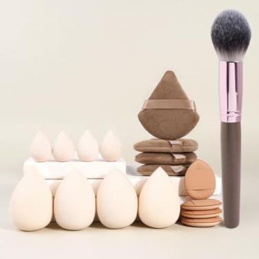 Imagem de Conjunto de 17 pincéis de maquiagem e pó de pó, cerdas sintéticas macias e puff fofo para base e configuração impecáveis (café)