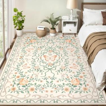 Imagem de GarveeHome Tapete de área pequena de 7,5 x 12,7 cm para quarto, floral, lavável, antiderrapante, resistente a manchas, sala de estar, tapete baixo, sala de jantar, bege, tapete de borboleta para